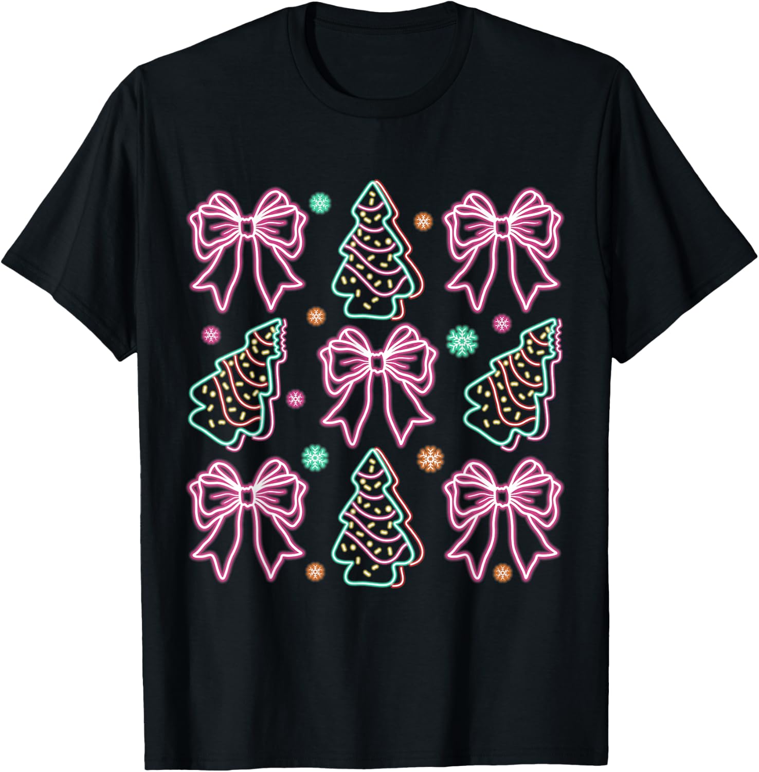 Neon Coquette Bow Santa Christmas Tree Cake Girly Xmas Women T-Shirt - T-Shirt | Black