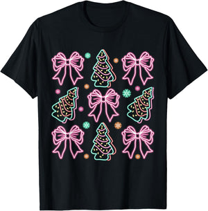 Neon Coquette Bow Santa Christmas Tree Cake Girly Xmas Women T-Shirt - T-Shirt | Black