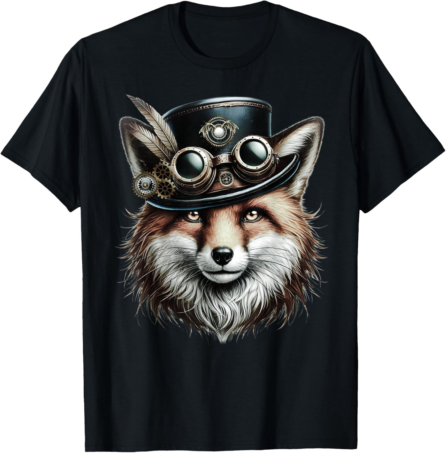 Steampunk Fox Shirt with Goggles and Gear Artwork T-Shirt - T-Shirt | Black