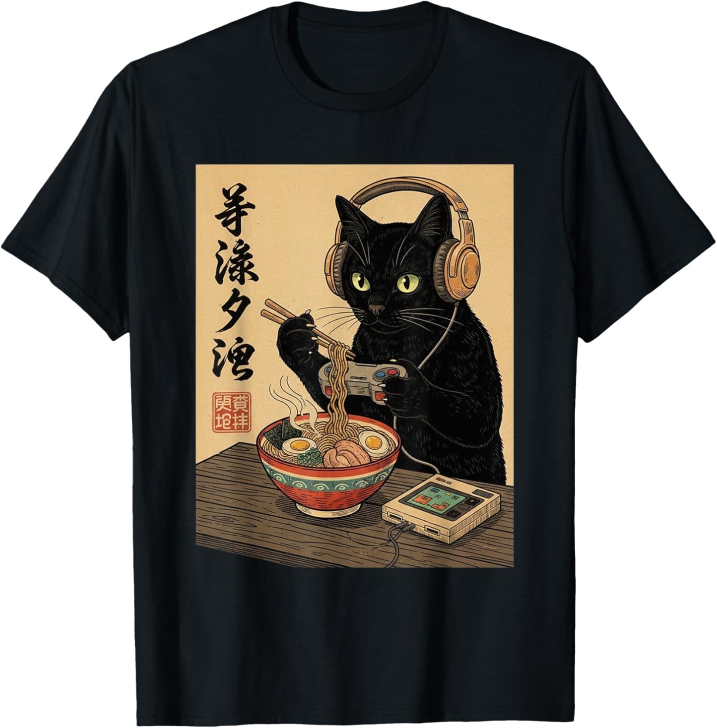 Cute Kawaii Gamer Cat Funny Ramen Retro Japanese Cat Gaming T-Shirt - T-Shirt | Black