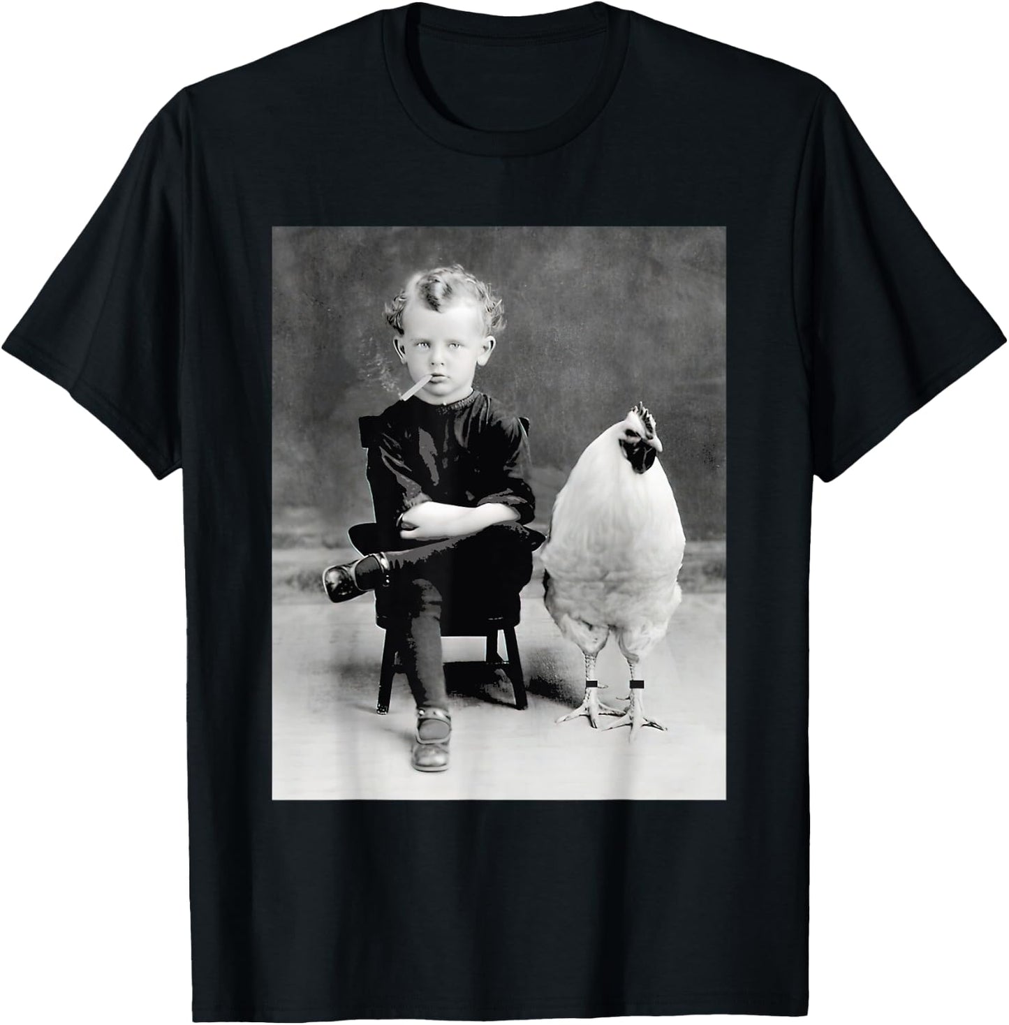Little Boy With Chicken Rooster Smoking Vintage T-Shirt - T-Shirt | Black