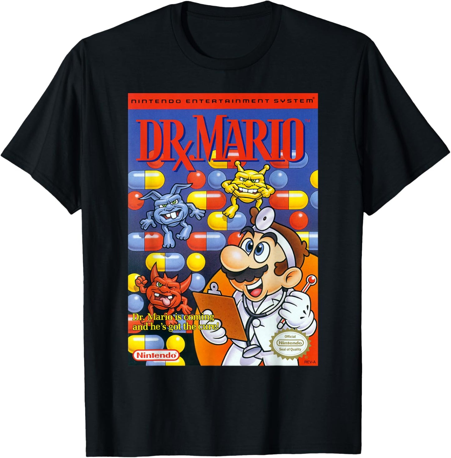 Super Mario Dr Mario Retro NES Game Cover Poster T-Shirt - T-Shirt | Black