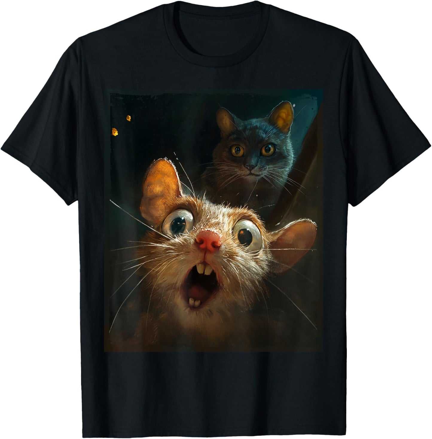 Funny Surprised Scared Mouse Selfie in Front of Sneaky Cat T-Shirt - T-Shirt | Black
