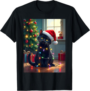 Black Cat in Santa Hat with Holiday Glow Christmas Men Women Kids T-Shirt - T-Shirt | Black