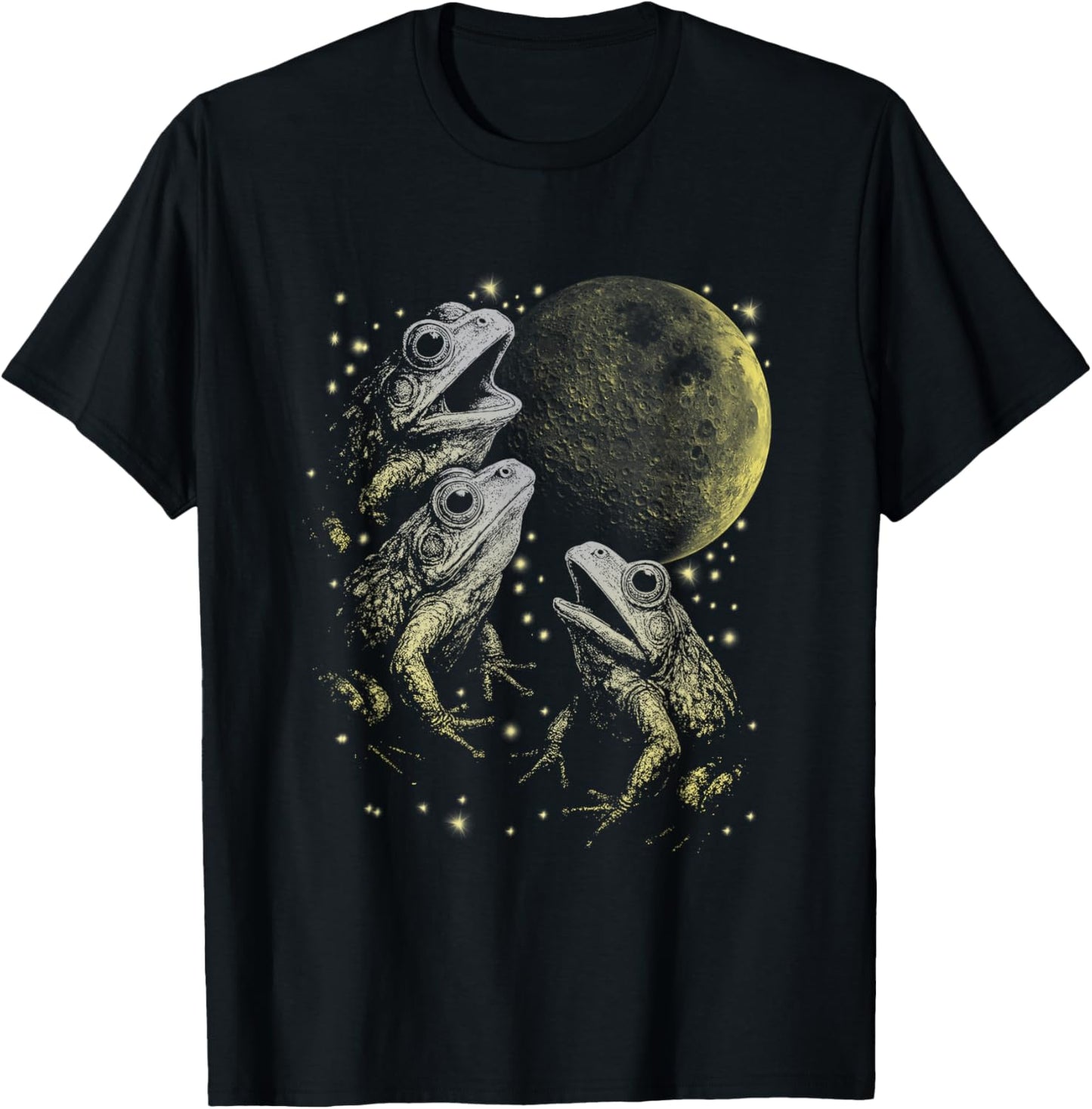 Frogs Howling to Moon, Vintage Style Three Frog At The Moon T-Shirt - T-Shirt | Black