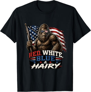 Red White Blue & Hairy Patriotic Bigfoot American USA Flag T-Shirt - T-Shirt | Black