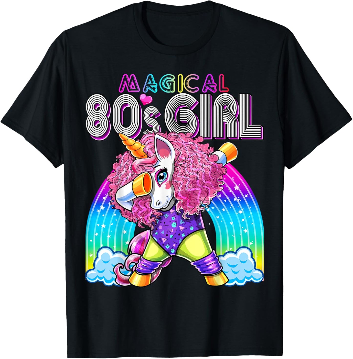 Magical 80's Girl Dabbing Unicorn Leotard Leg Warmers Party T-Shirt - T-Shirt | Black