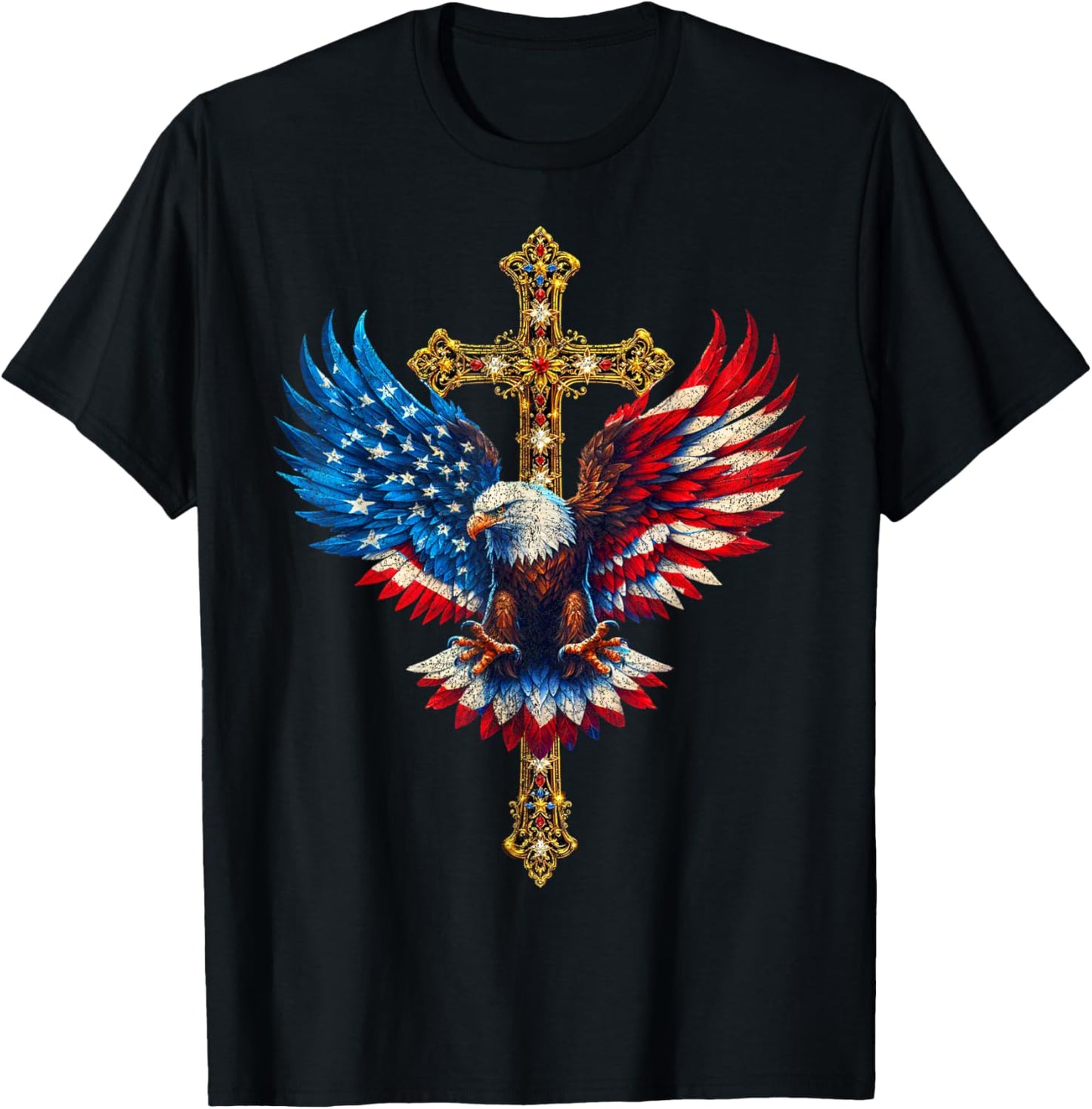 Bald Eagle Christian Faith Ctoss USA Flag Patriotic American T-Shirt - T-Shirt | Black