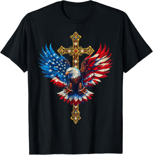 Bald Eagle Christian Faith Ctoss USA Flag Patriotic American T-Shirt - T-Shirt | Black