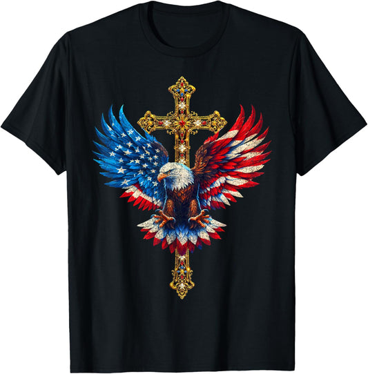 Bald Eagle Christian Faith Ctoss USA Flag Patriotic American T-Shirt - T-Shirt | Black