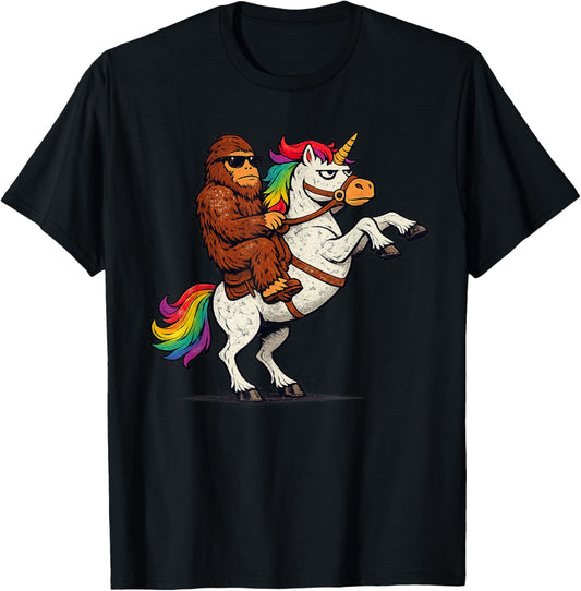 Vintage Sasquatch Riding Unicorn T-Shirt - T-Shirt | Black