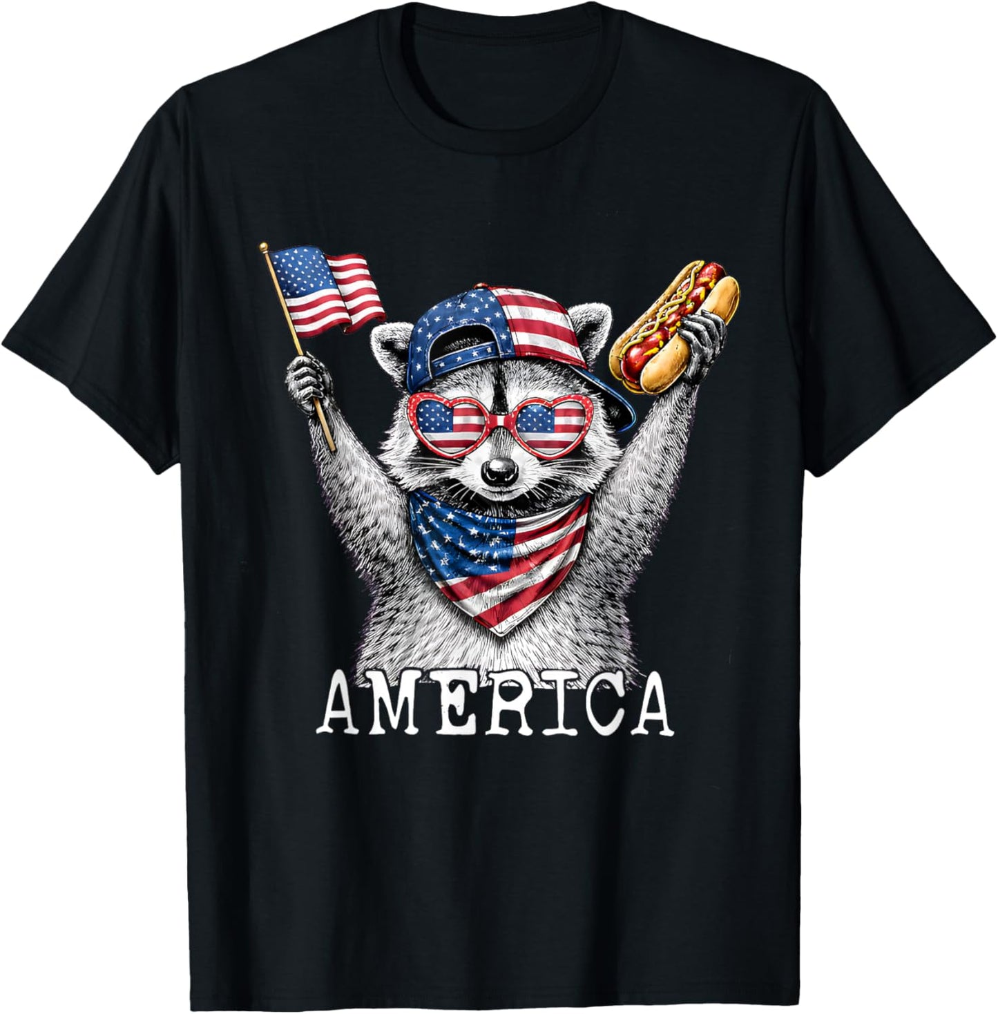 Funny Raccoon 4th of July American Flag Patriotic Raccoon T-Shirt - T-Shirt | Black