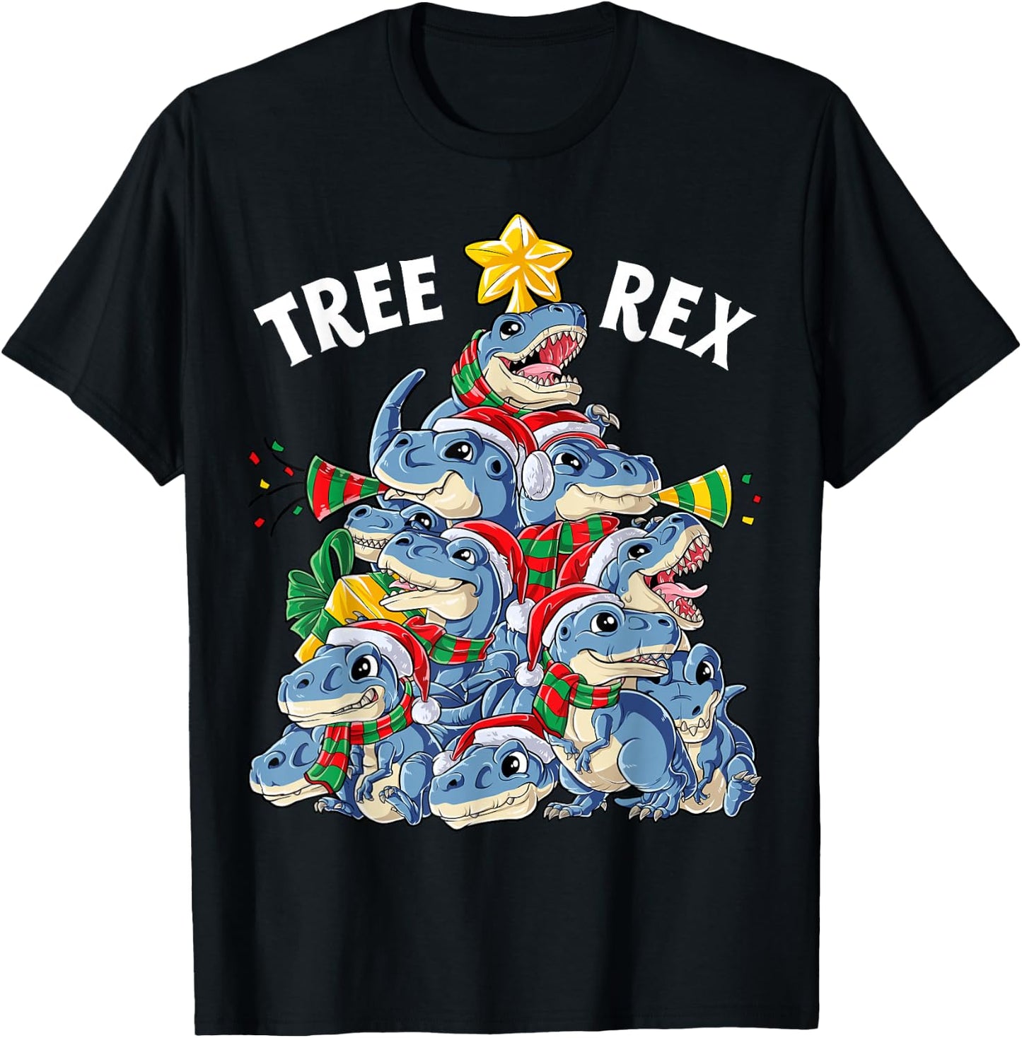 Christmas Dinosaur Tree Rex Pyjamas Men Boys Xmas Santa Hat T-Shirt - T-Shirt | Black