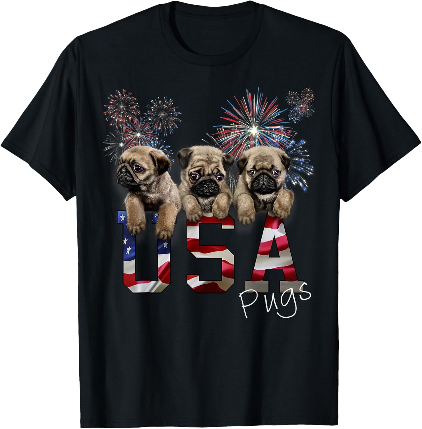 USA Patriot Pug Puppy Dog with Fireworks Women Kids Men T-Shirt - T-Shirt | Black