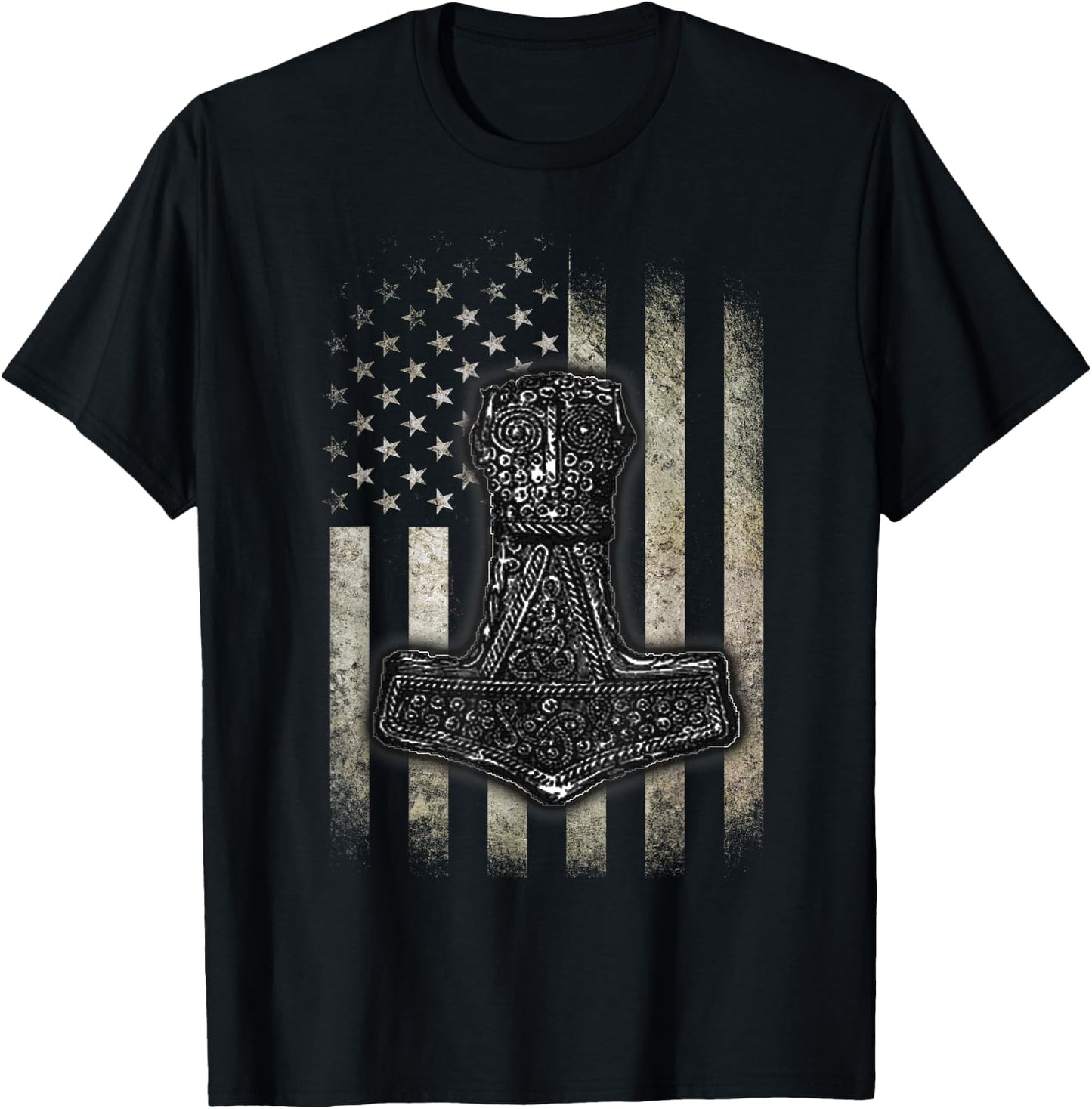 Mjolnir Hammer - American Viking Flag T-Shirt - T-Shirt | Black
