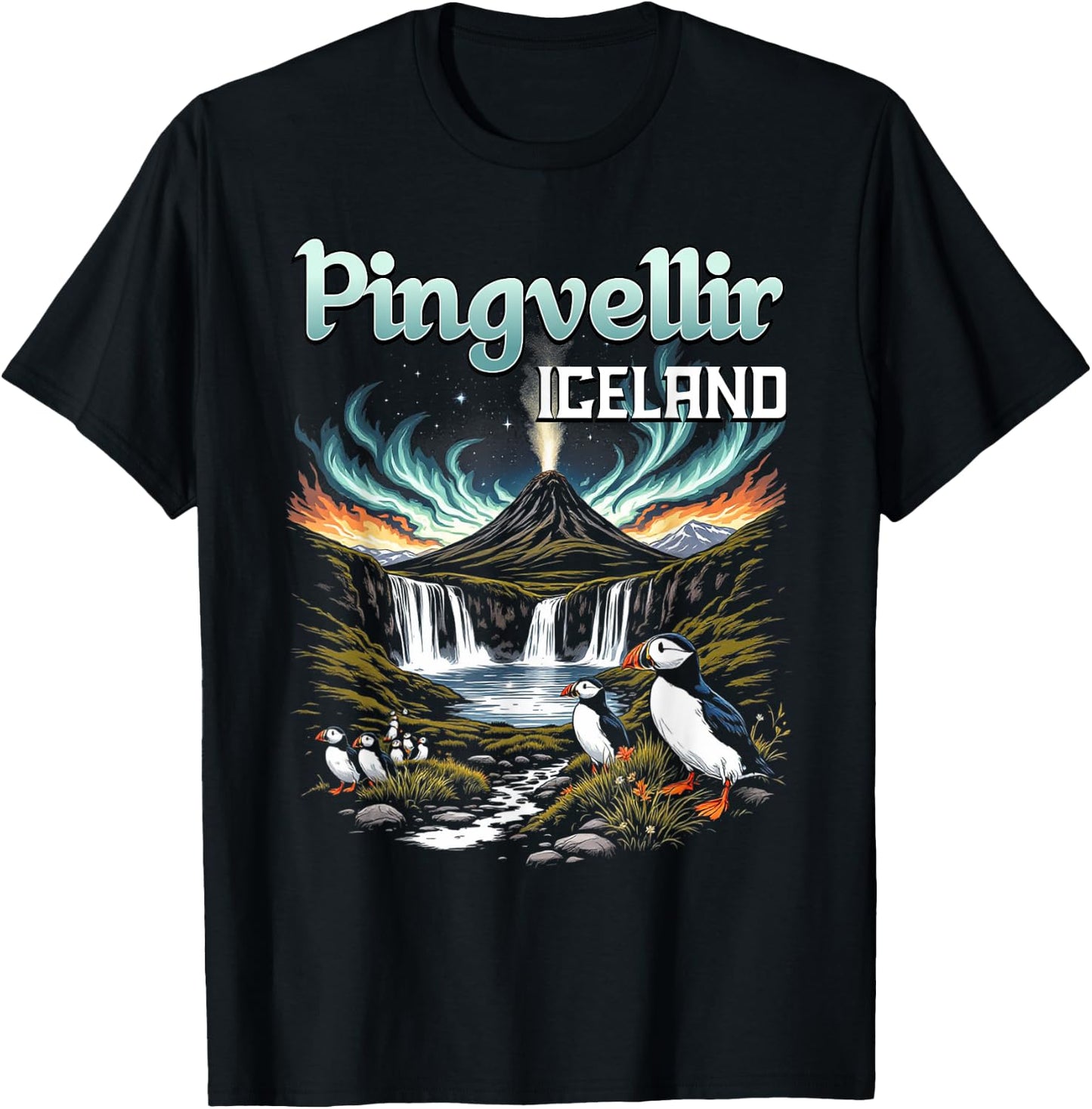 Þingvellir Iceland Souvenir Icelandic Volcano Puffin Birds T-Shirt - T-Shirt | Black