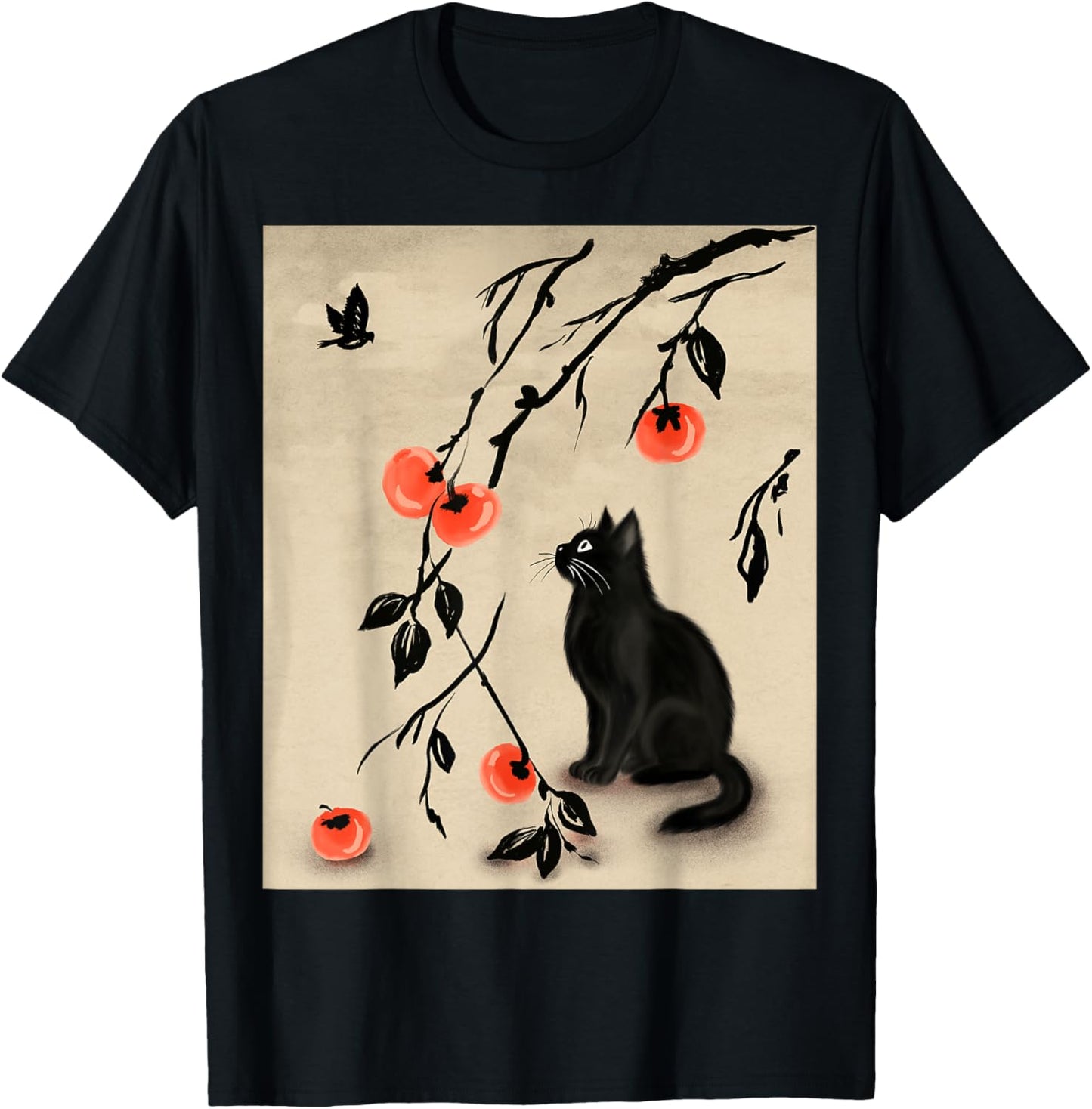 Minimal Cat and Persimmons with Bird in Sumi-e Scene Art T-Shirt - T-Shirt | Black