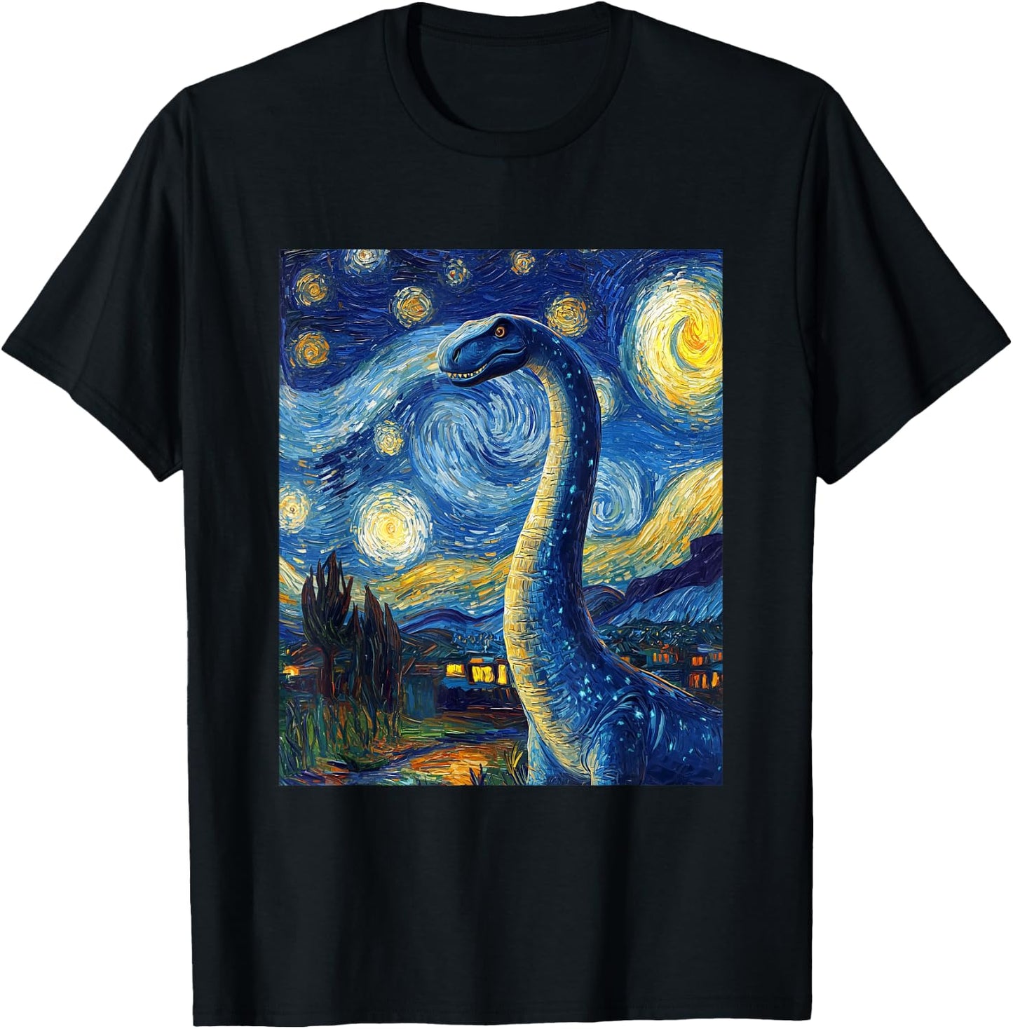 Brachiosaurus Dinosaur Dino - Van Gogh Style - Starry Night T-Shirt - T-Shirt | Black