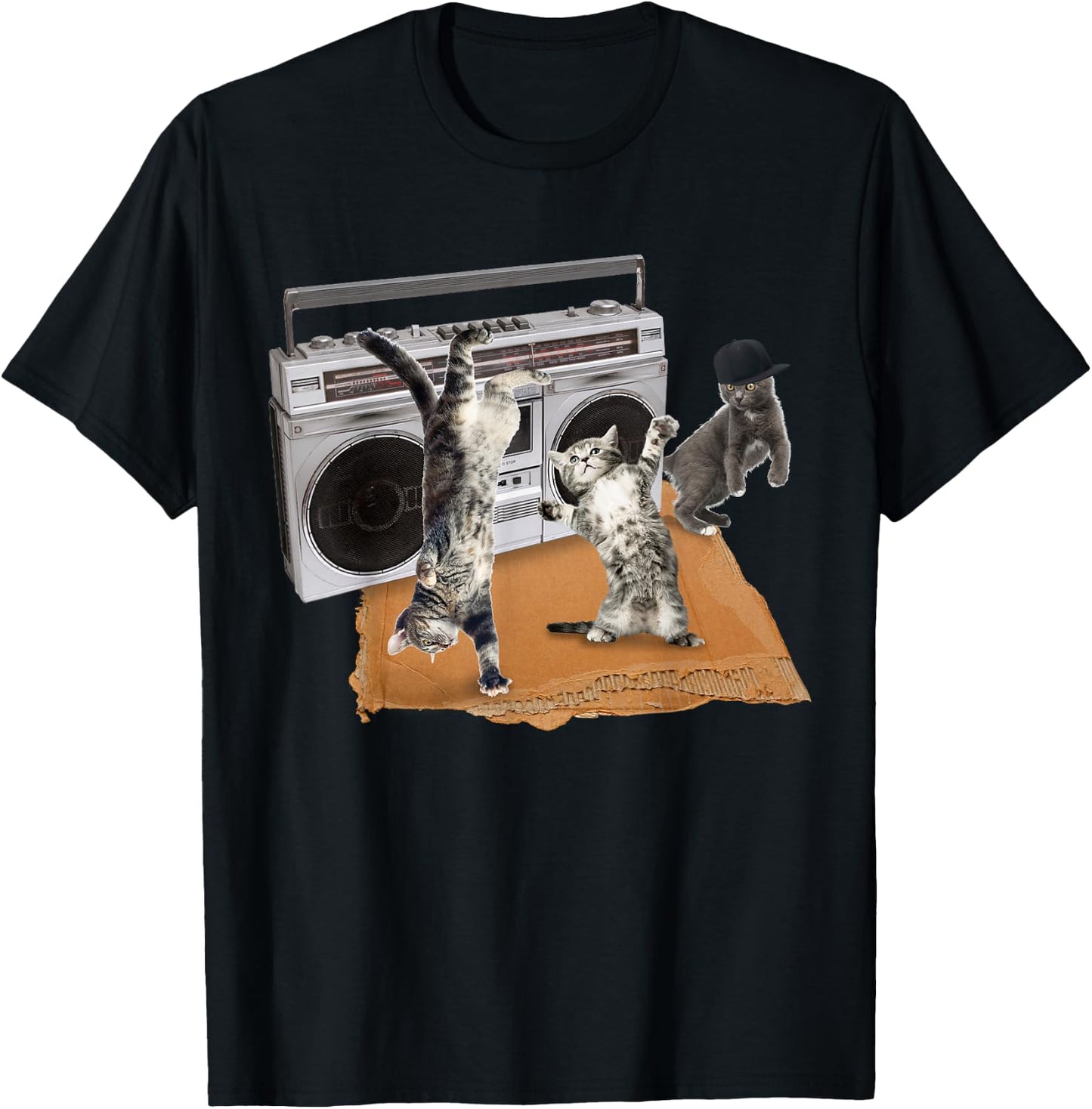 Breakdancing Kitties Cardboard & Boombox Cat Men Women Girls Kids T-Shirt - T-Shirt | Black