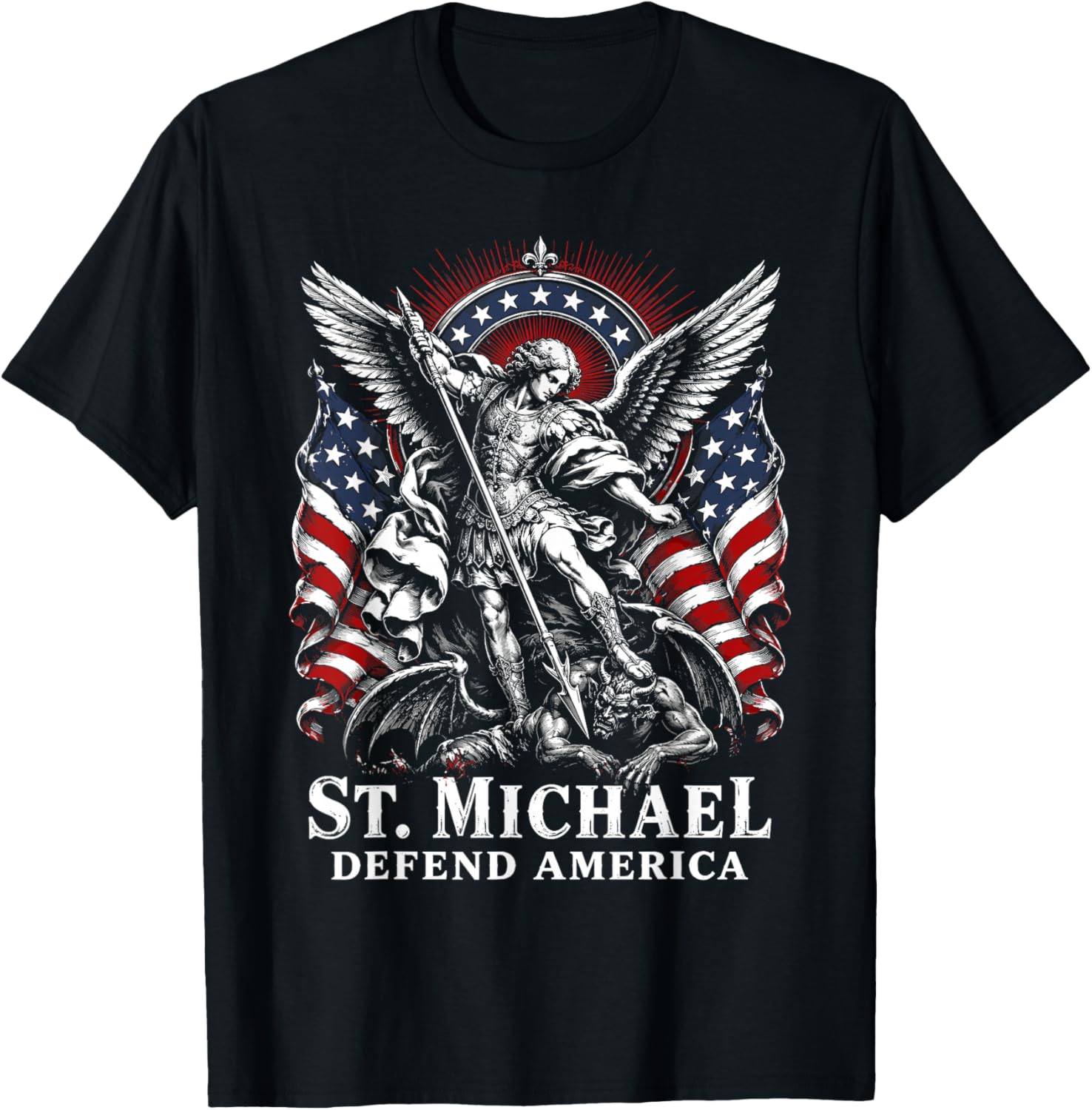 Vintage St. Michael Defend America Archangel Patriot US Flag T-Shirt - T-Shirt | Black
