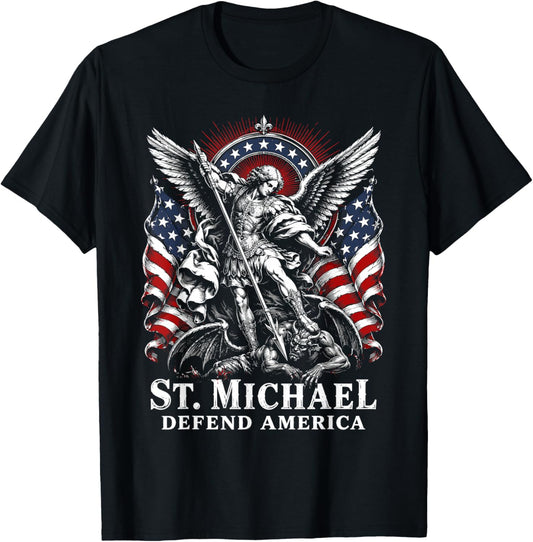 Vintage St. Michael Defend America Archangel Patriot US Flag T-Shirt - T-Shirt | Black