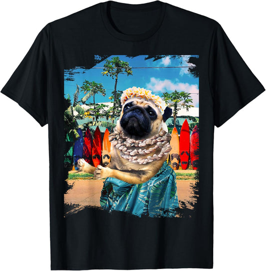 Cute Aloha Pug Hawaiian - , Small, Black, Short Sleeve, Cotton 100% T-Shirt - T-Shirt | Black