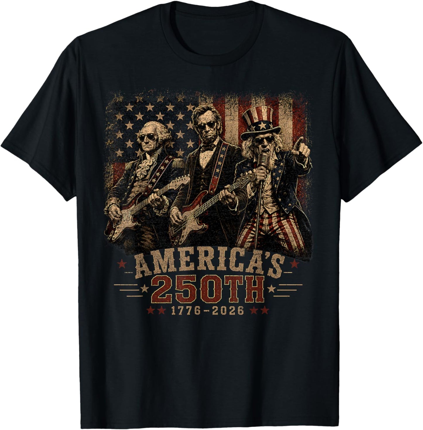 Washington Abraham Uncle Sam Playing Guitar 4th July 250th T-Shirt - T-Shirt | Black