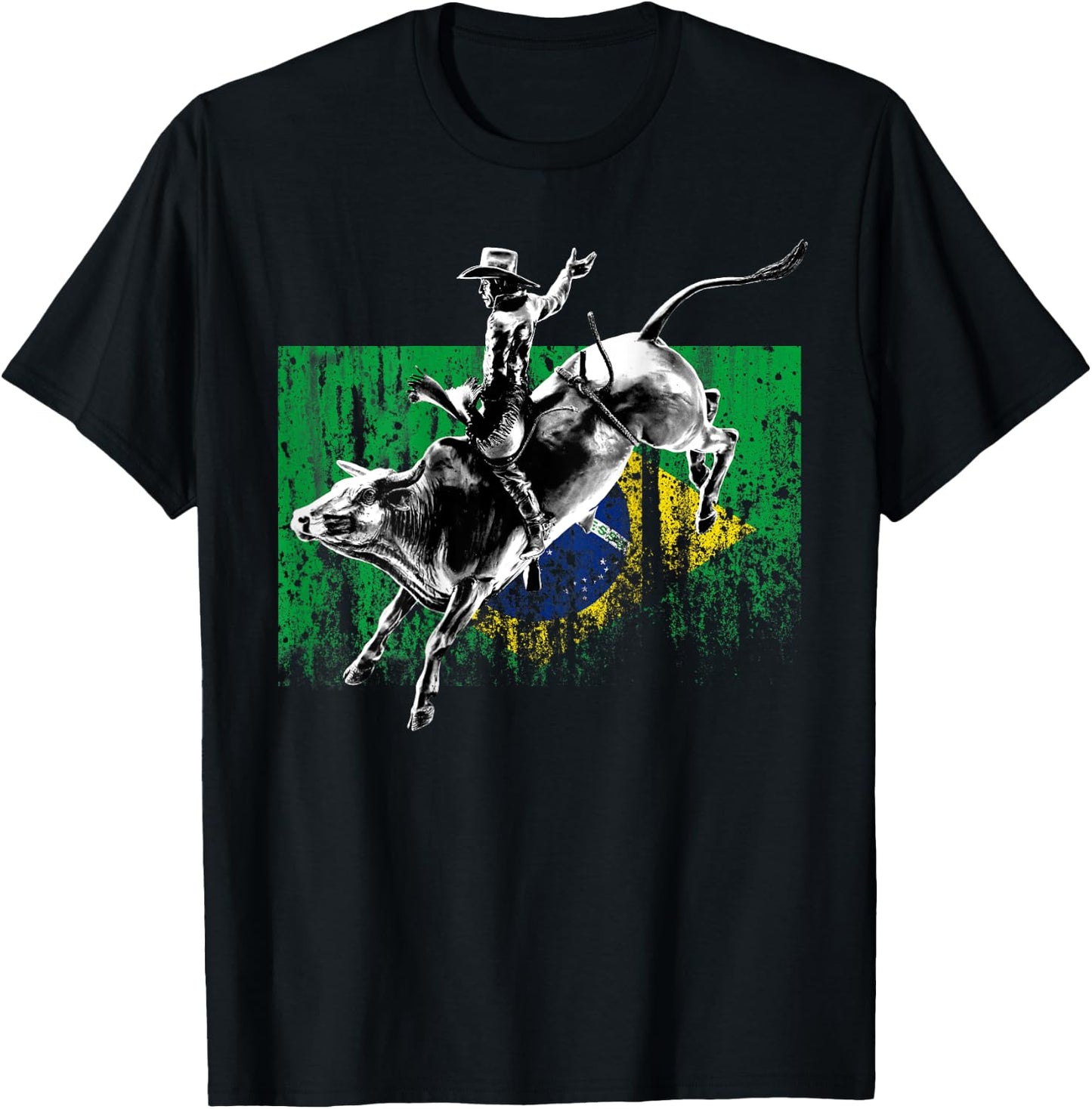 Rodeo Bull Rider Patriotic Flag of Brazil Cowboys T-Shirt - T-Shirt | Black