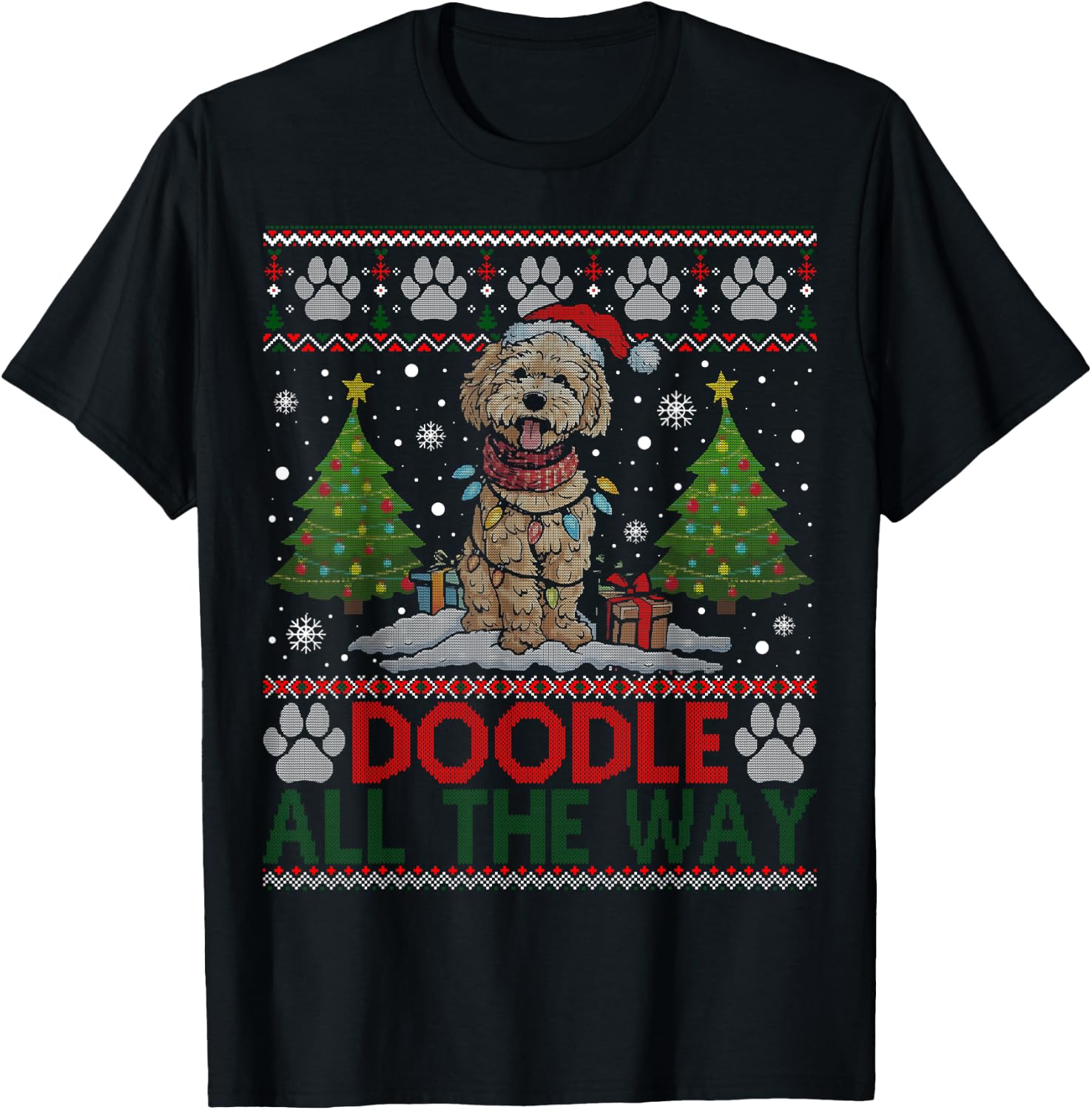 Doodle All The Way Labradoodle Santa Hat Christmas Ugly T-Shirt - T-Shirt | Black