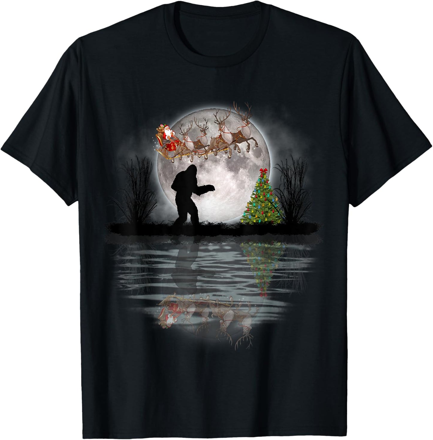 Funny Bigfoot Christmas Santa Sleigh Reindeer T-Shirt - T-Shirt | Black