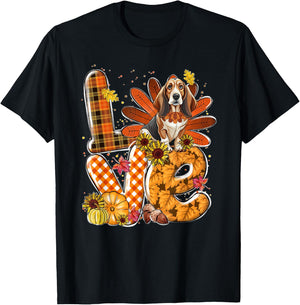LOVE Thanksgiving Cute Basset Hound turkey Pumpkin Fall T-Shirt - T-Shirt | Black