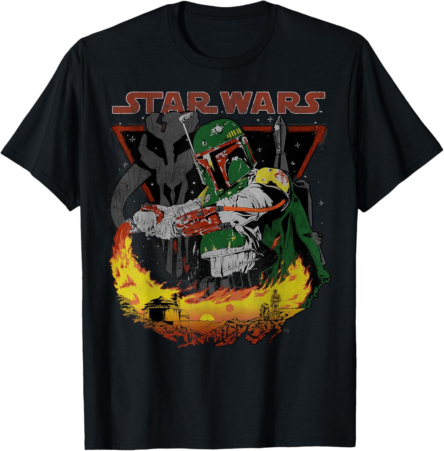 Star Wars Boba Fett Tatooine Flame Retro Poster T-Shirt - T-Shirt | Black