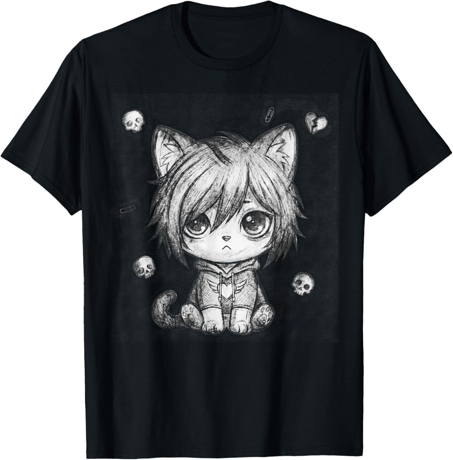 Sad Emo Cat in Aesthetic Grunge Sketch Art T-Shirt - T-Shirt | Black