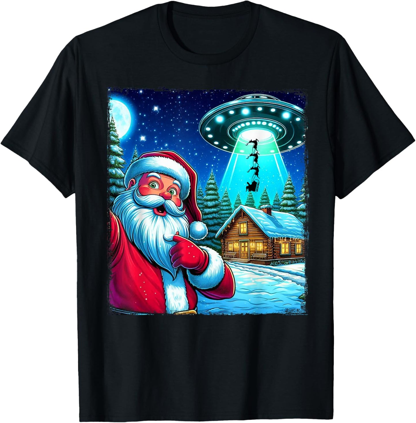 Santa Claus Shocked UFO Alien Reindeer Abduction Selfie Xmas T-Shirt - T-Shirt | Black