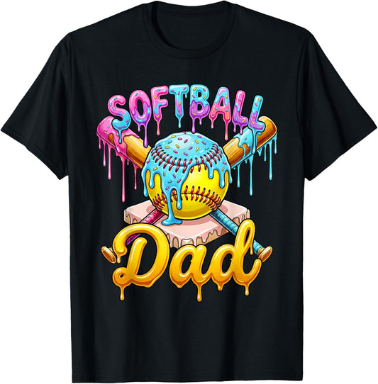 Softball Dad Ice Cream Drip Dripping TBall Fathers Day Men T-Shirt - T-Shirt | Black