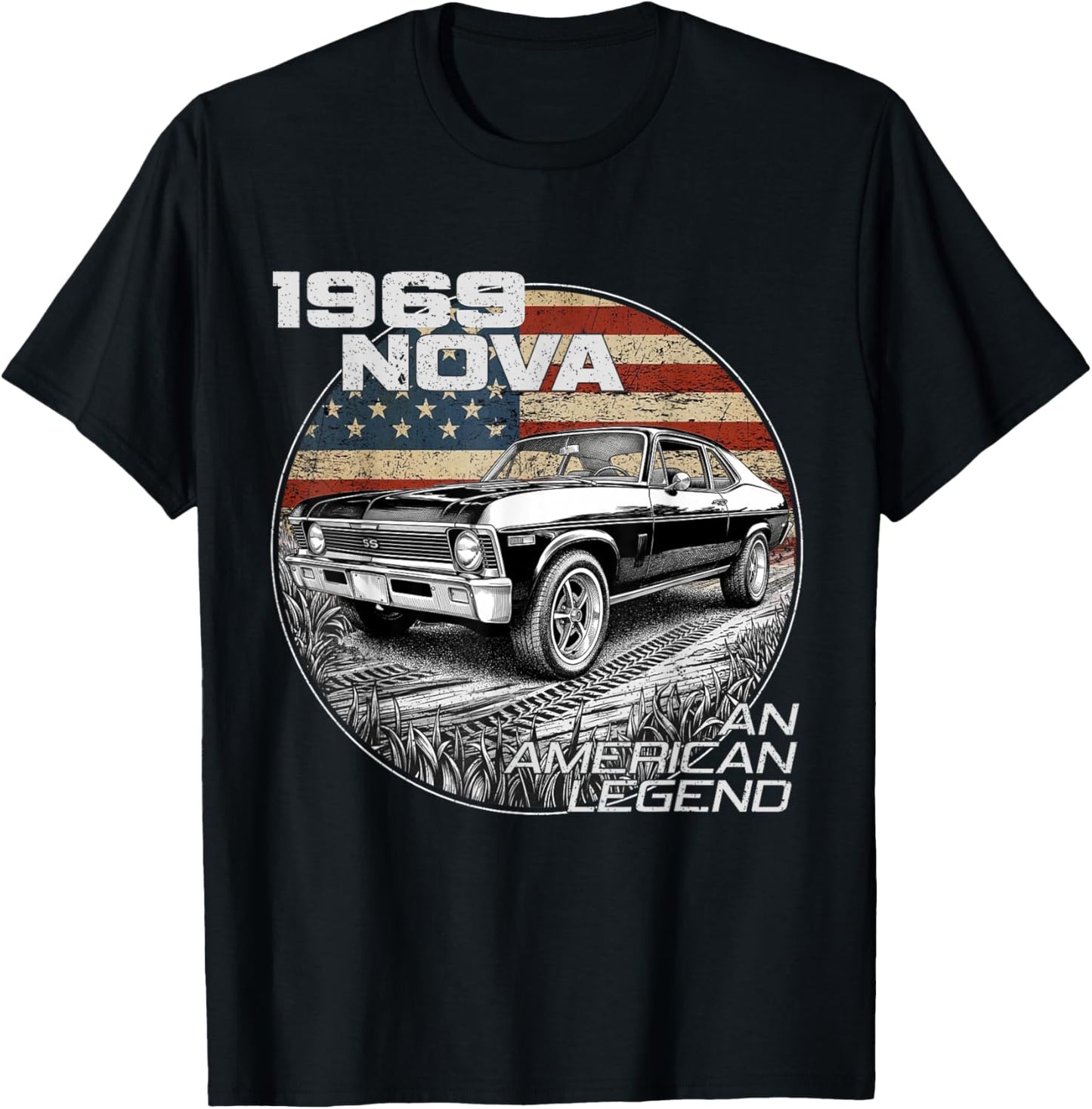 1969 69 Nova Silhouette Muscle Car American Flag T-Shirt - T-Shirt | Black