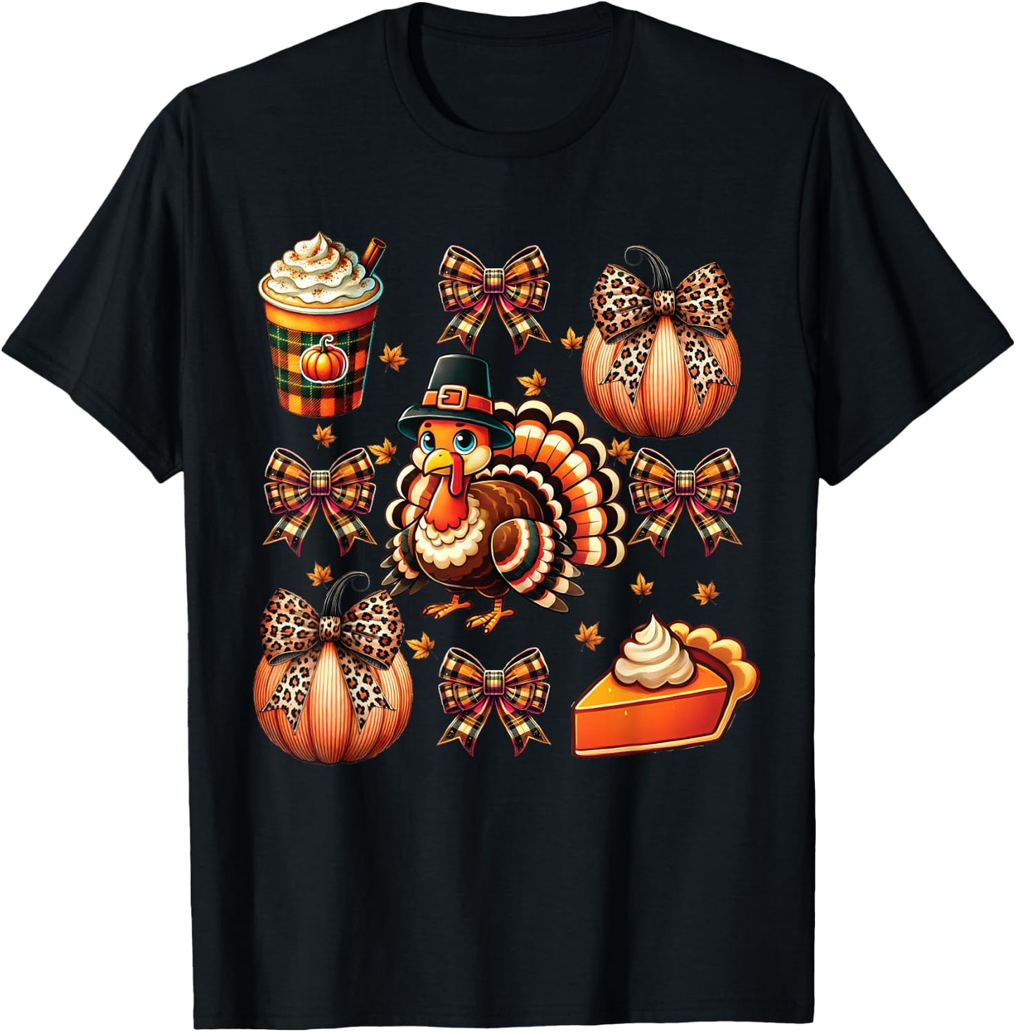 Turkey Drinking Coffee Bow Thanksgiving Turkey Day T-Shirt - T-Shirt | Black