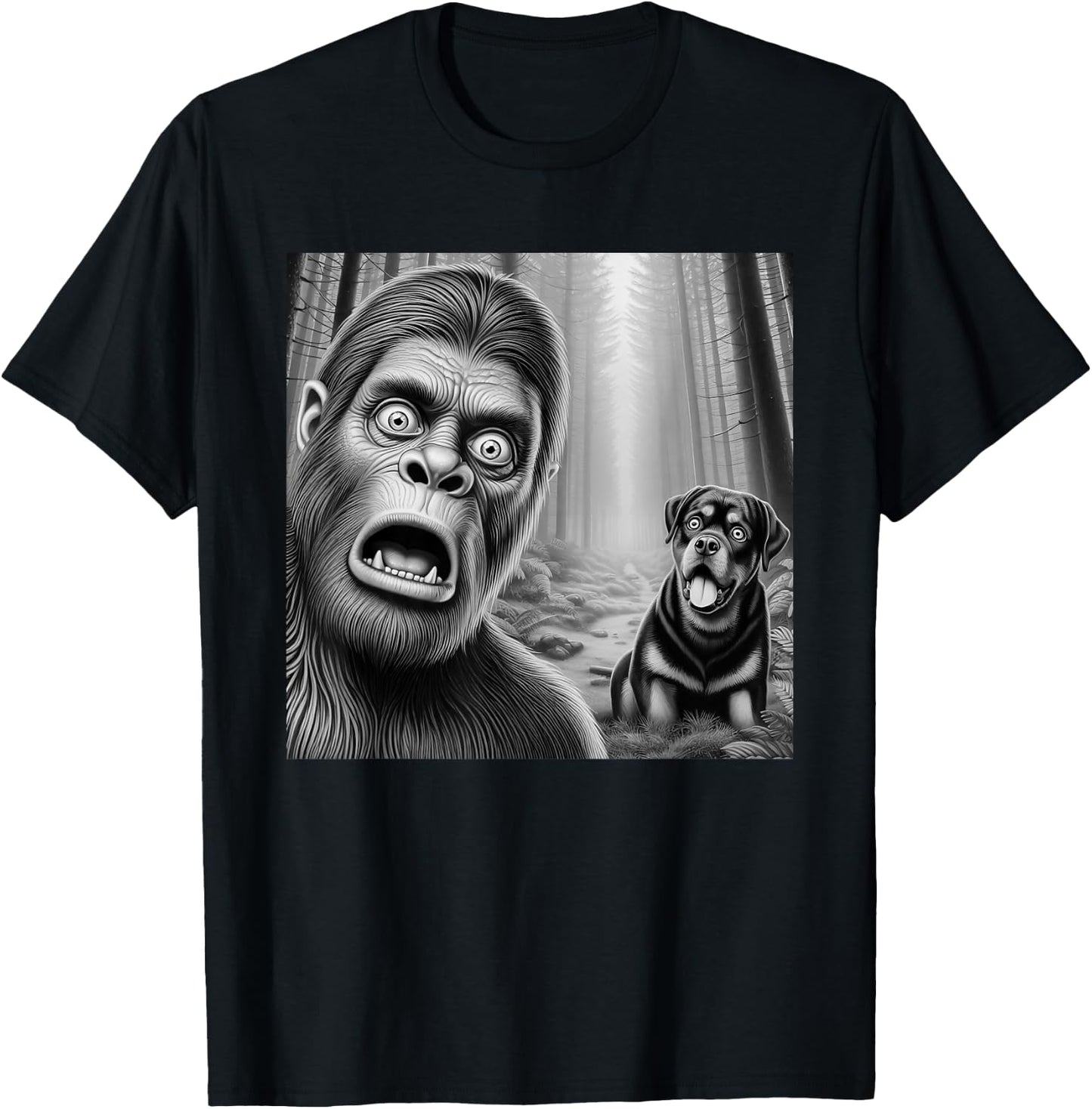 Surprised Bigfoot selfie with rottweiler sasquatch funny T-Shirt - T-Shirt | Black