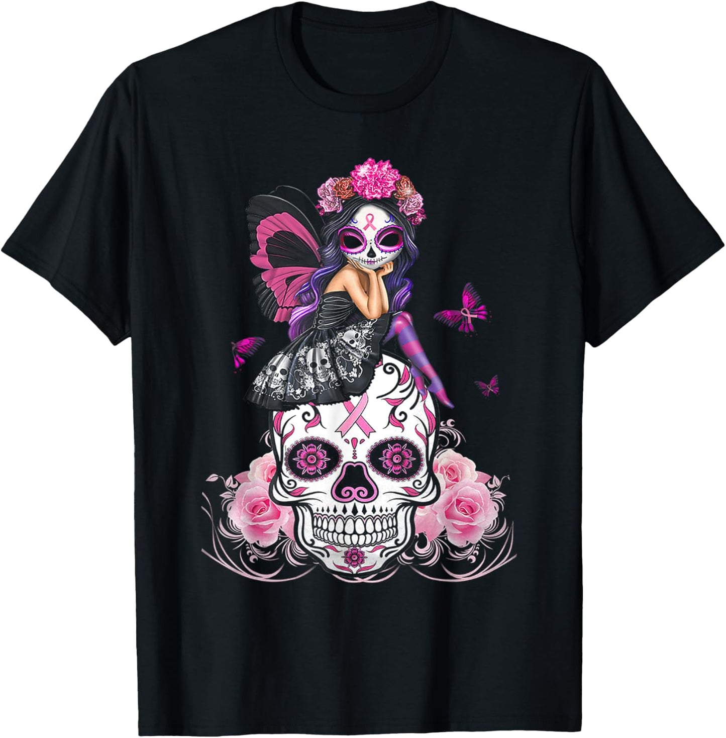 Fairy Sugar Skull Breast Cancer Butterfly Pink Ribbon Woman T-Shirt - T-Shirt | Black