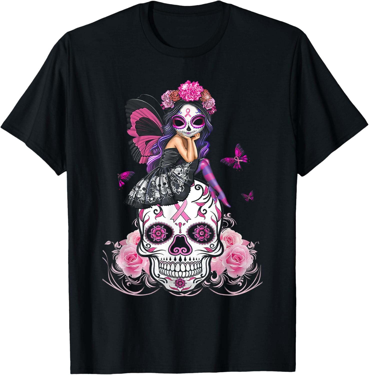 Fairy Sugar Skull Breast Cancer Butterfly Pink Ribbon Woman T-Shirt - T-Shirt | Black