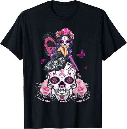 Fairy Sugar Skull Breast Cancer Butterfly Pink Ribbon Woman T-Shirt - T-Shirt | Black