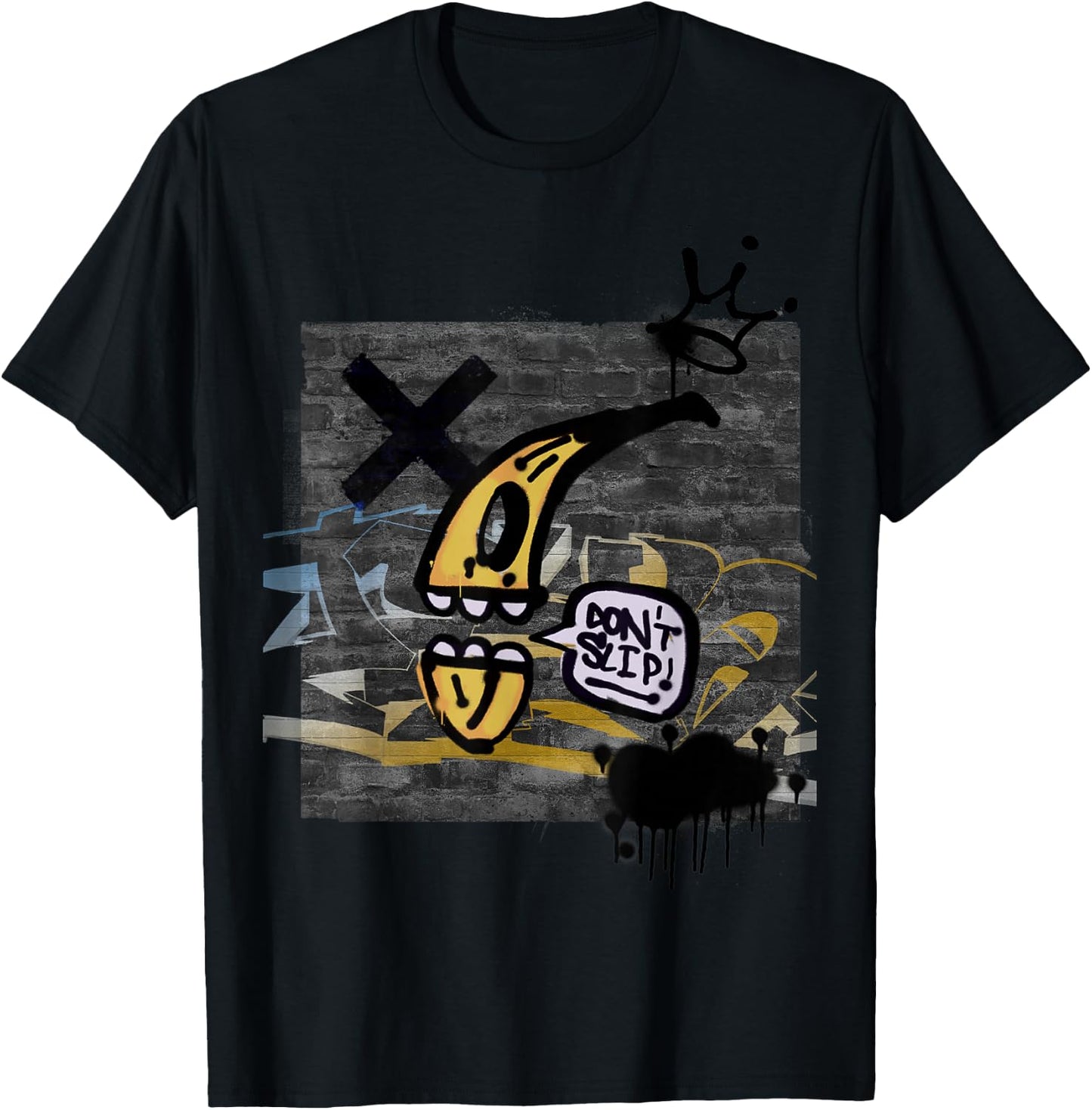 Graffiti on Wall Do Not Slip Talking Banana Graphic T-Shirt - T-Shirt | Black