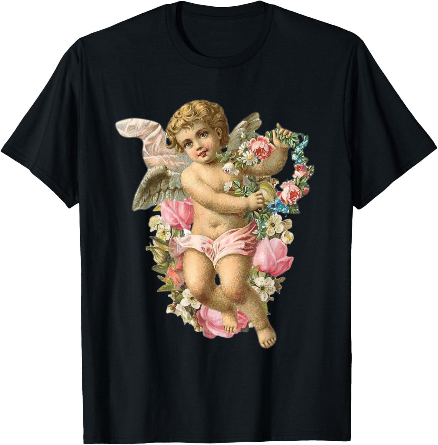Angelic Vintage Cherub with Daisies & Pink roses T-Shirt - T-Shirt | Black