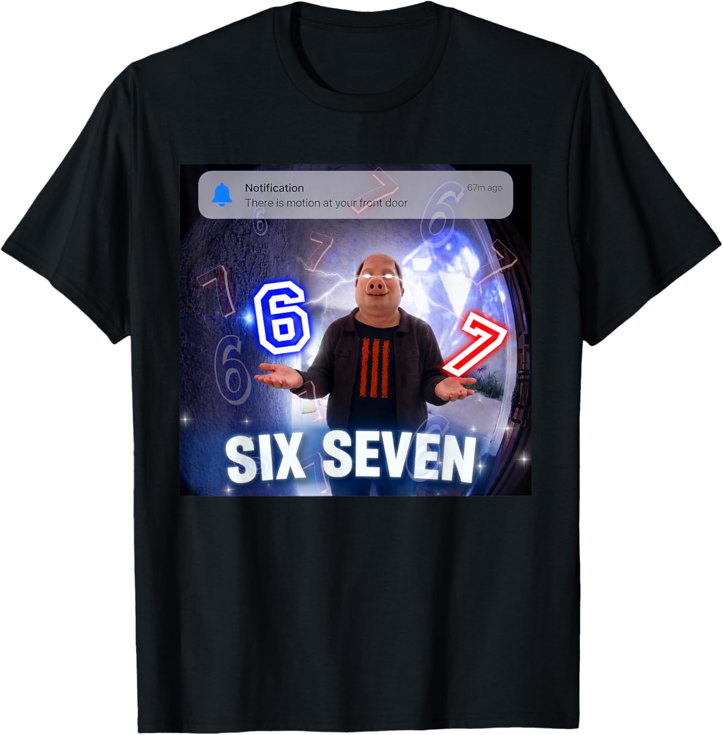 Funny John Pork 67 Six Seven Front Door Motion Meme T-Shirt - T-Shirt | Black