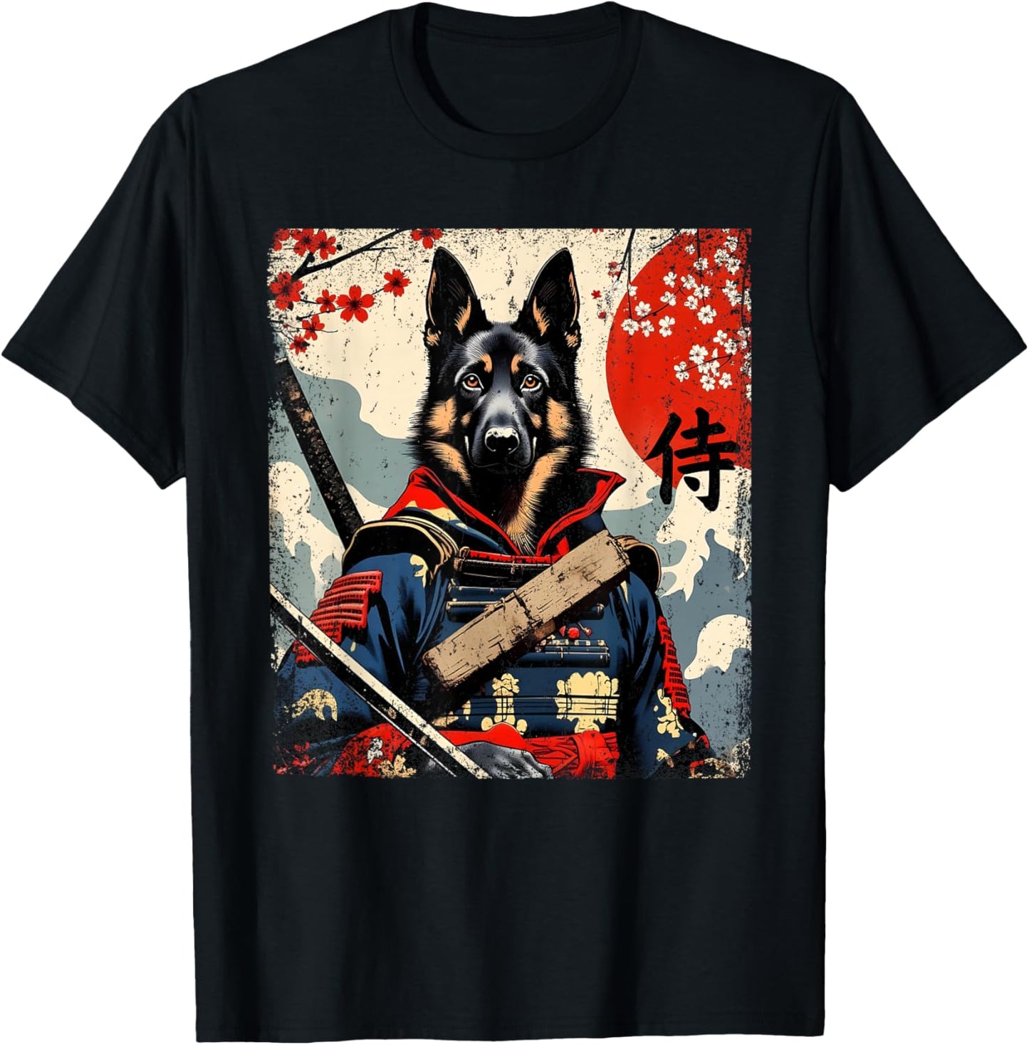 Japanese Samurai German Shepherd Kawaii Ukiyo-e Ninja Dog T-Shirt - T-Shirt | Black
