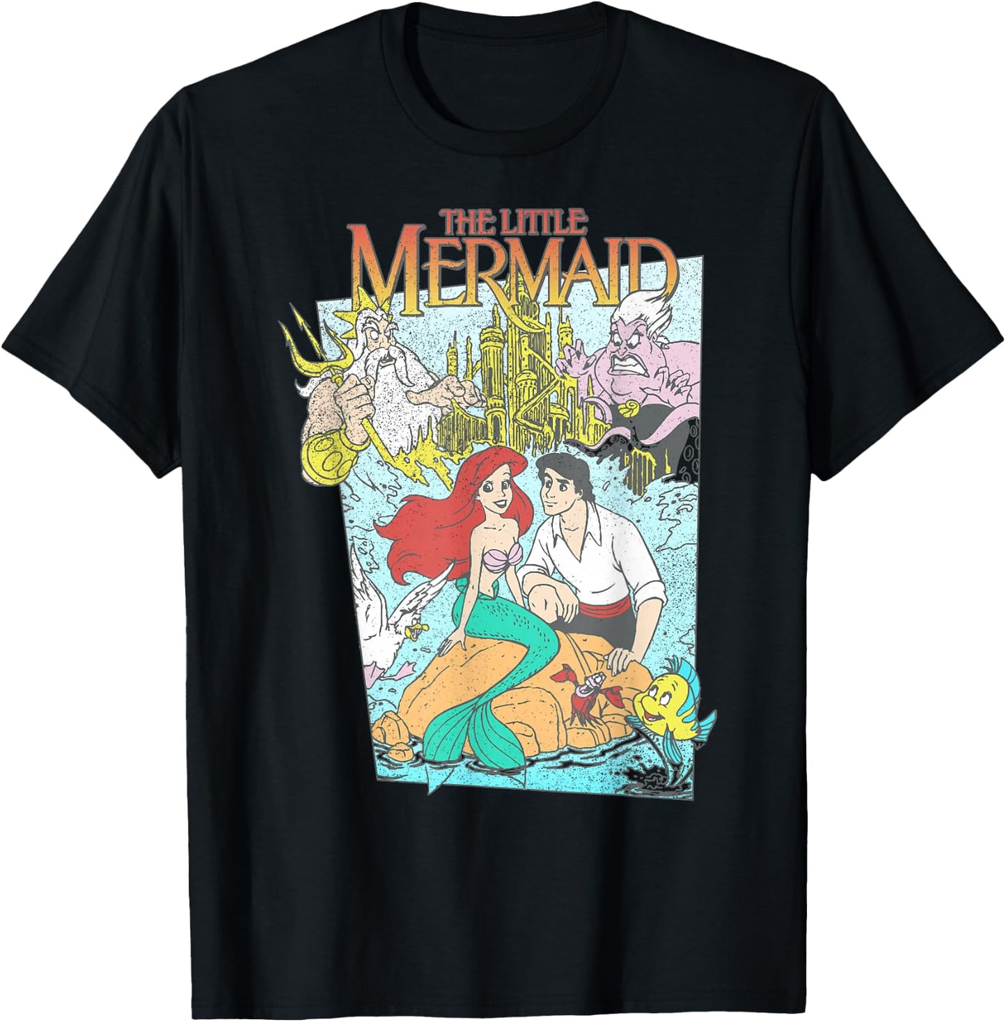 Disney The Little Mermaid Vintage Retro Movie Cover Graphic T-Shirt - T-Shirt | Black