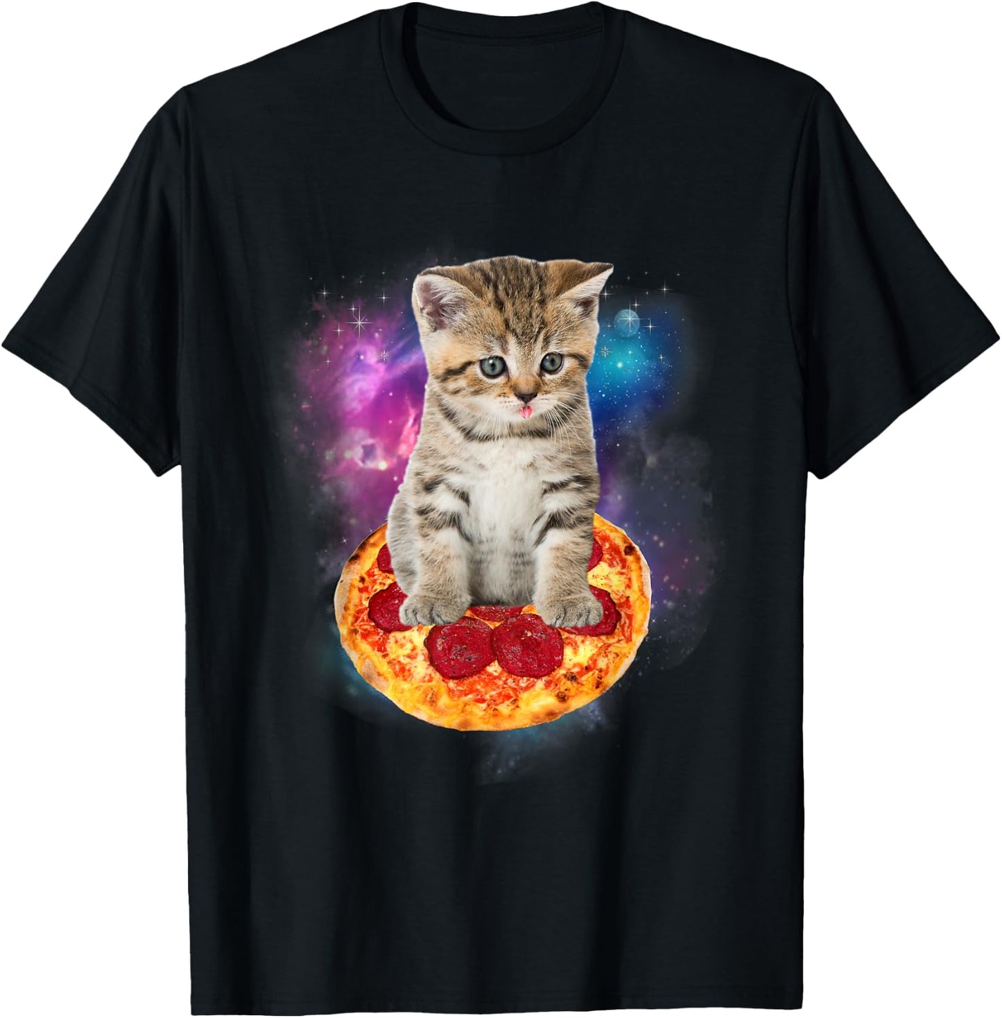 Funny Galaxy Cat Shirt | Space Cat Eat Pizza and Taco Shirt Men Women Kids T-Shirt - T-Shirt | Black