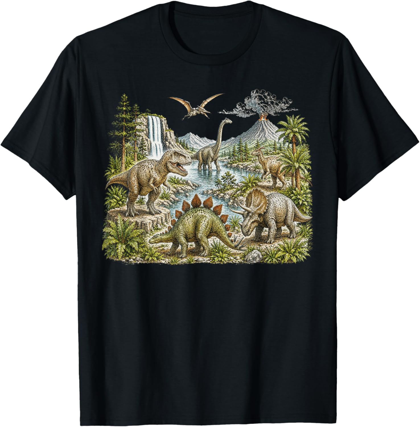 Vintage Dinosaur Landscape, Jurassic Era T Rex T-Shirt - T-Shirt | Black