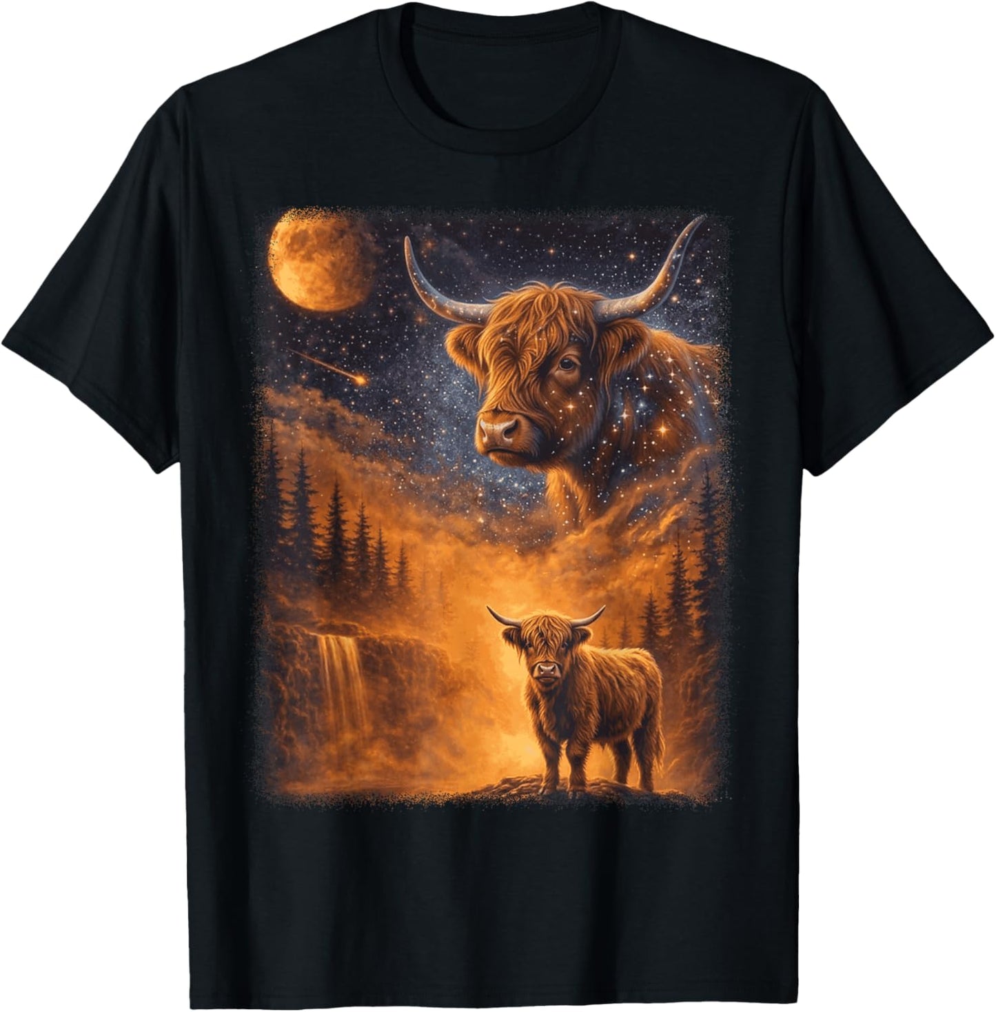 Highland Cow Howling to The Moon Funny Meme 90s Animal Lover T-Shirt - T-Shirt | Black
