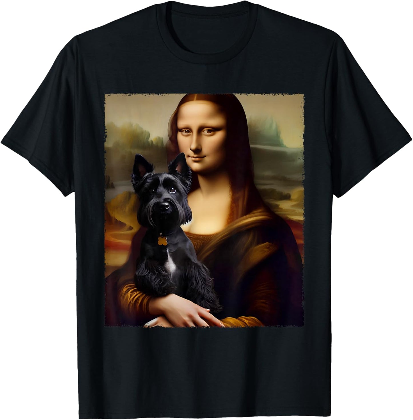 Mona Lisa Holding Scottish Terrier Portrait Art Dog Lover T-Shirt - T-Shirt | Black